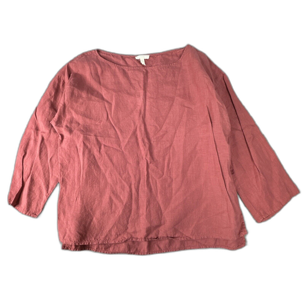 Eileen Fisher Blouse Pink Organic Linen Lagenlook Boatneck 3/4 Sleeve Top Size M